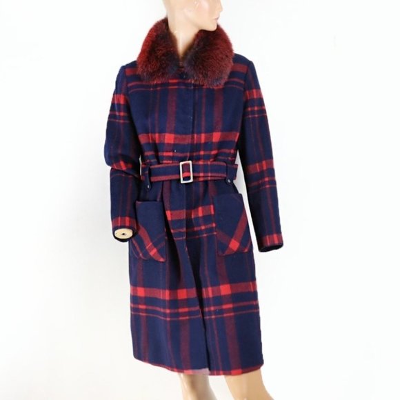 Vintage Jackets & Blazers - Vintage Navy Blue Plaid Coat with Red  Vegan Fur Collar